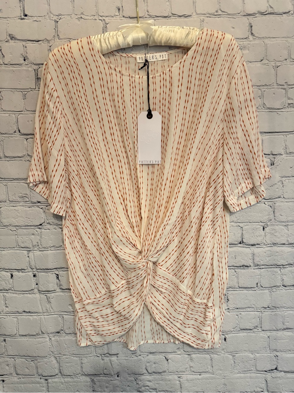 Potter's Pot Cream Short-Sleeve Twist Front Top with Rust Stripes Size L